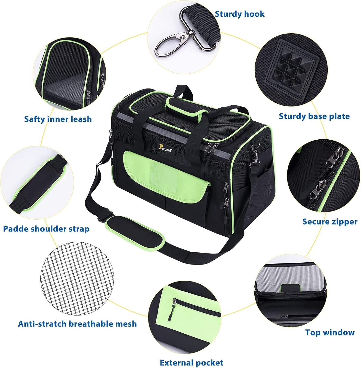 Pet Carrier for Small Dogs, Dog Carrier, Cat Kennel, Airline Approved Dog Cat Pet Travel Carrier, Soft- Sided Pet Travel Carrier for Cats Dogs, Portable Foldable Pet Bag Green and Black
