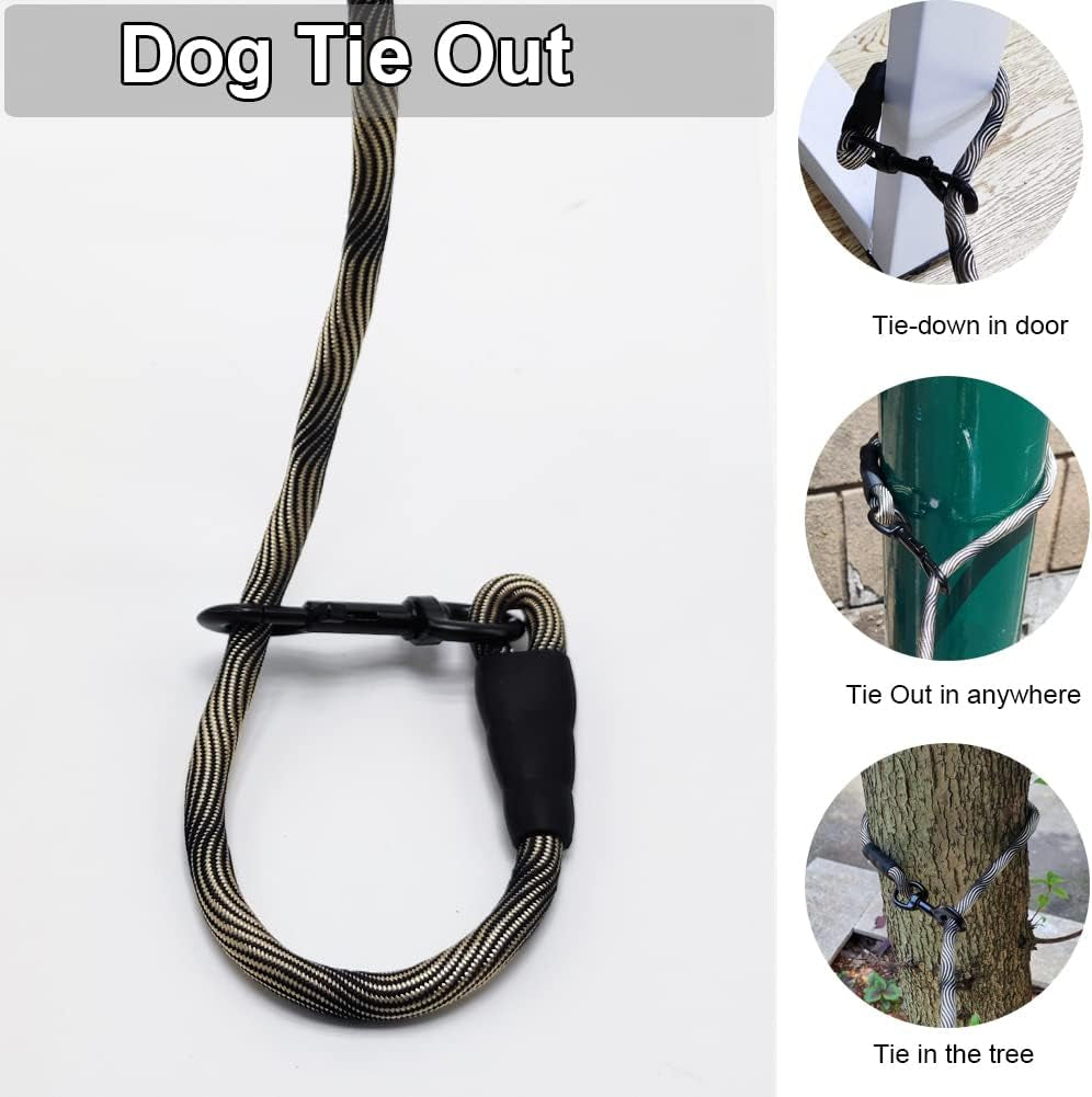 BTINESFUL Tie-Out Check Cord Long Rope Dog Tether, 12Ft 20Ft 30Ft 50Ft Oudoor Dog Lead for Yard - Large Medium Small Dogs Training, Playing, Camping, or Backyard (30Ft, Beige Black)