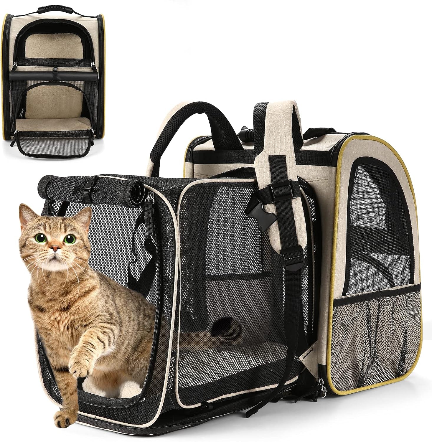 Farexon Cat Backpack Carrier, Expandable Pet Carrier Backpack for Small Cats Dogs, Dog Carrier Backpack with Breathable Mesh for Travel Hiking Camping, Hold Pets under 18 Lbs, Khaki
