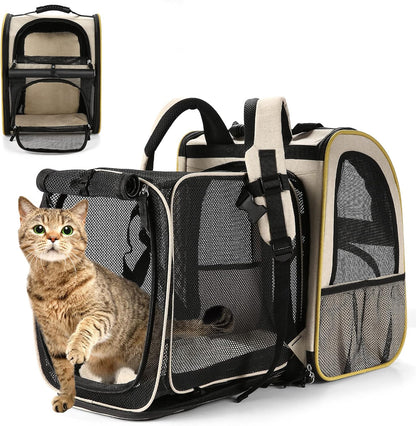 Farexon Cat Backpack Carrier, Expandable Pet Carrier Backpack for Small Cats Dogs, Dog Carrier Backpack with Breathable Mesh for Travel Hiking Camping, Hold Pets under 18 Lbs, Khaki